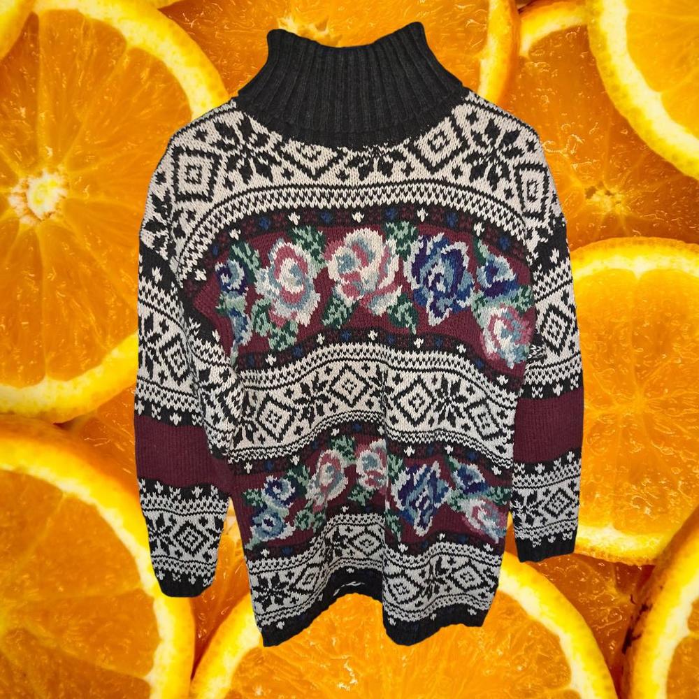 Vintage All Points Floral and Geometric Shape Turtleneck Knit Sweater Size L